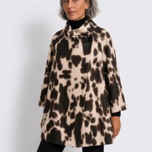 Ladies spotted animal print asymmetric A-line jacket with funnel neck and single button – kayandcoclothing.co.uk, 1, North Street, Daventry, NN11 4GJ