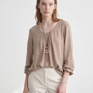 Ladies Pleated Long Sleeve Blouse - Scoop Neck Tunic Top