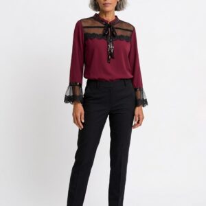 Women's Sequin Tie Neck Mesh Lace Evening Blouse