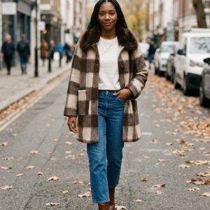 Women's Italian Checked Wool Blend Faux Fur Collar Coat