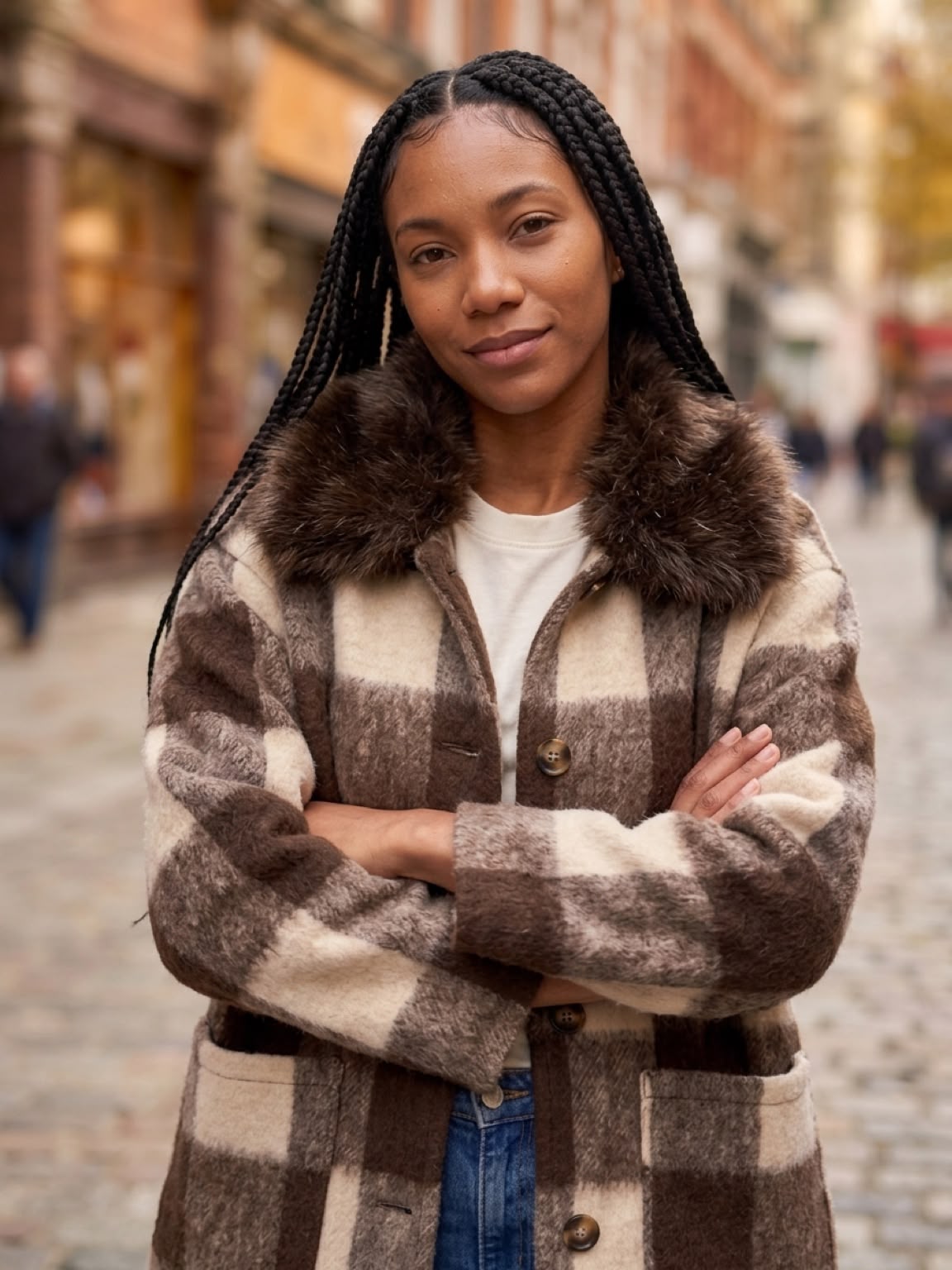 Women's Italian Checked Wool Blend Faux Fur Collar Coat - Image 2