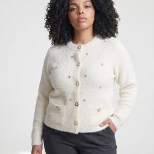 Women's Fluffy Gem Embellished Button Cardigan