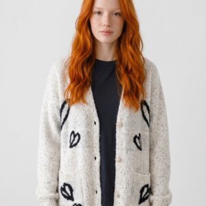 Women's Heart Print Button Front Fluffy Cardigan