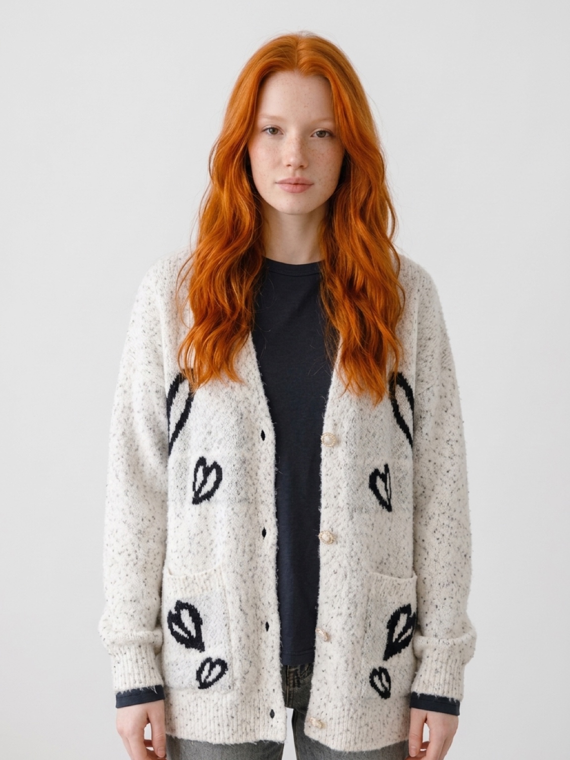 Women's Heart Print Button Front Fluffy Cardigan