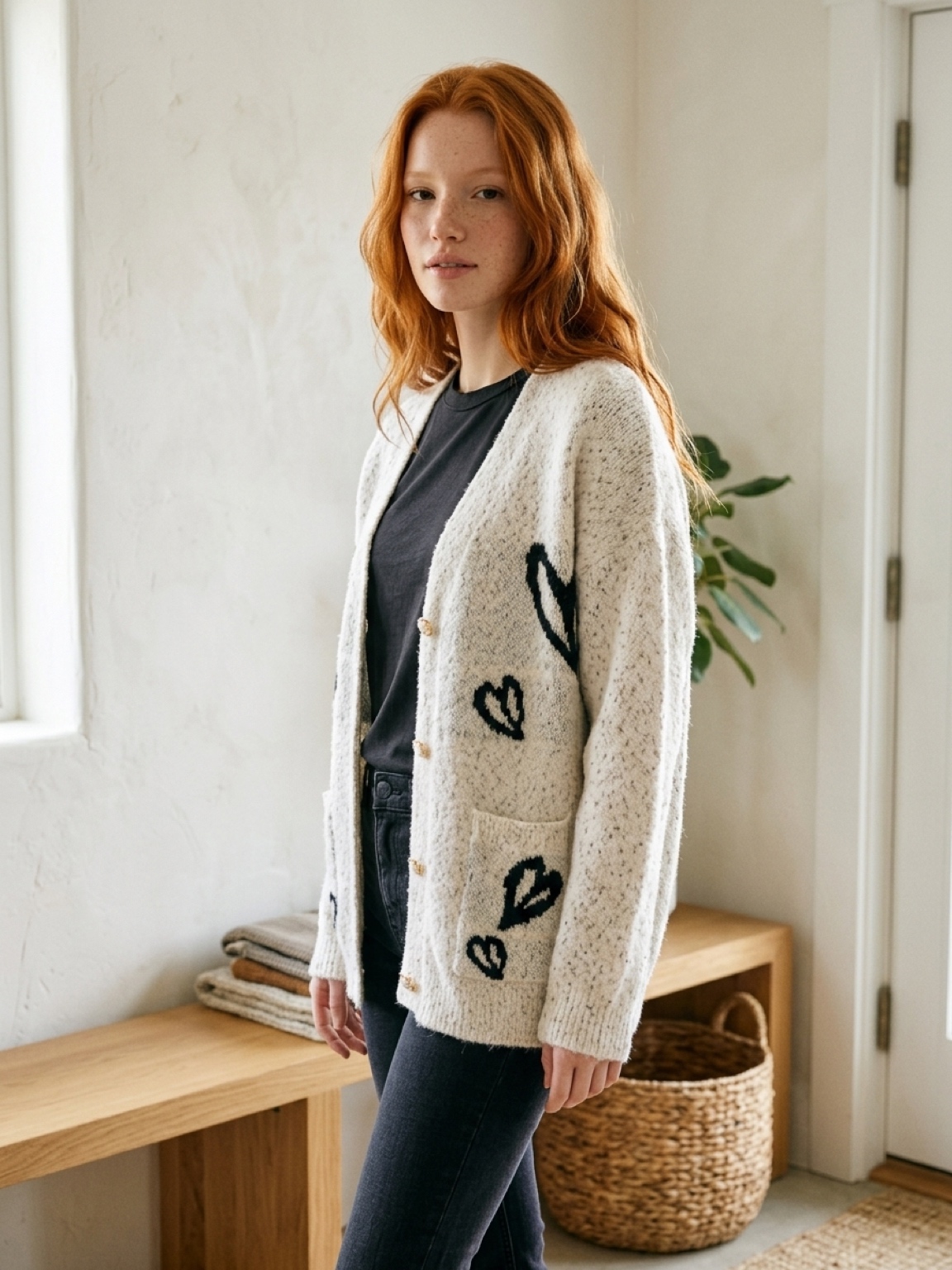 Women's Heart Print Button Front Fluffy Cardigan - Image 3