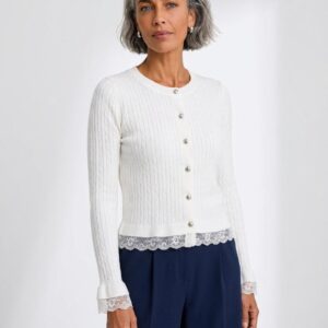 Ladies Lace Trim Cable Knit Cardigan Top with Flared Cuffs