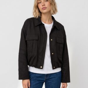 Women's Black Faux Suede Utility Jacket - Cropped Cargo Coat