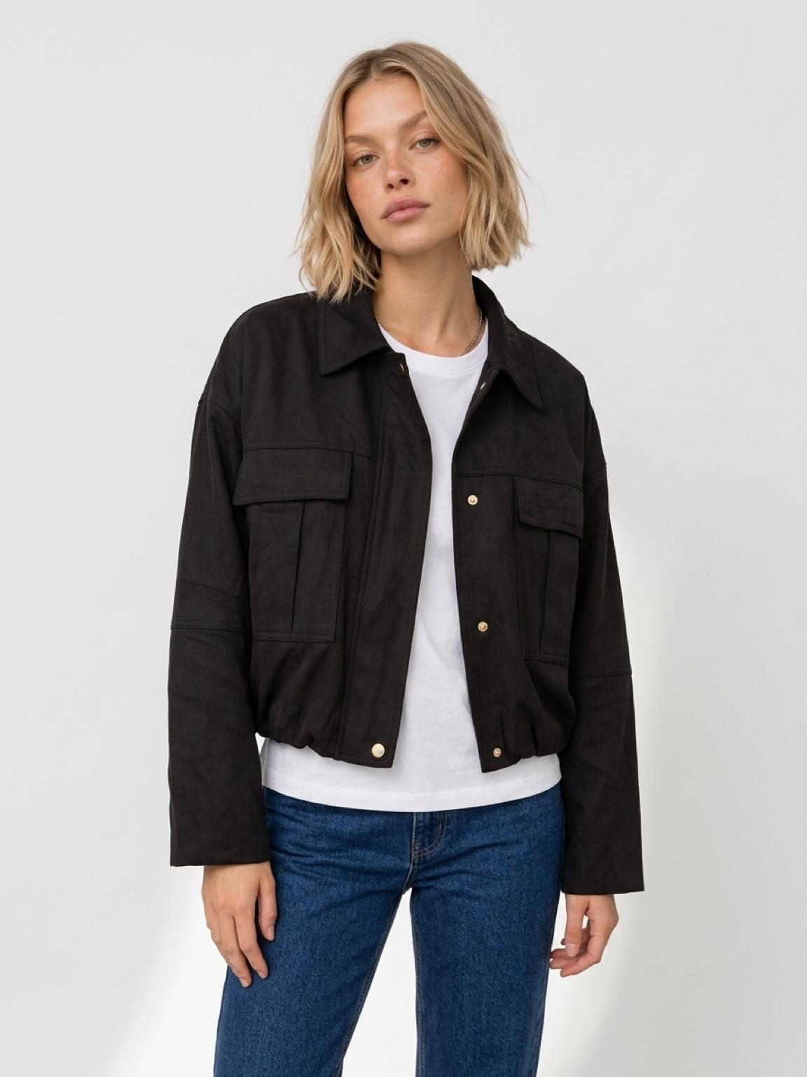 Women's Black Faux Suede Utility Jacket - Cropped Cargo Coat