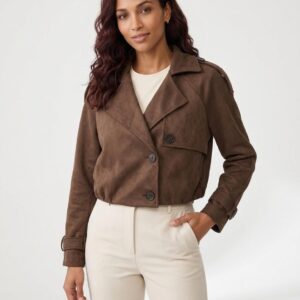 Women's Cropped Faux Suede Trench Jacket - Short Coat