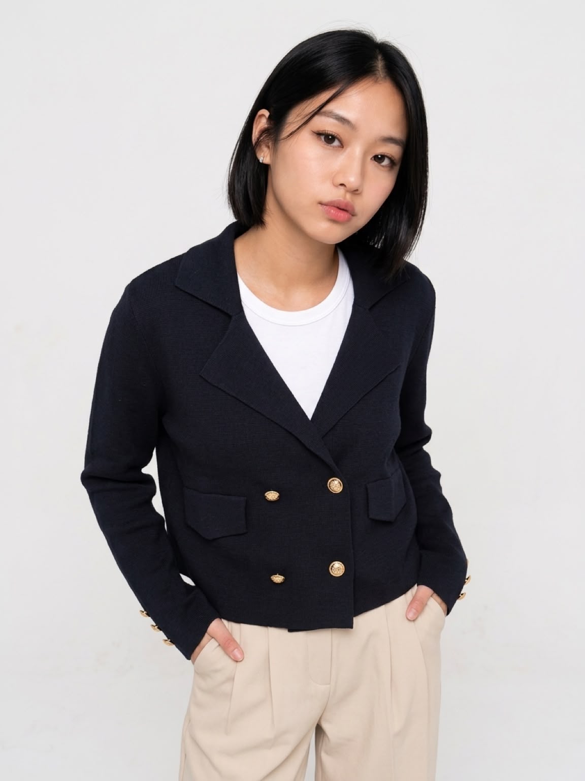 Women's Cropped Double Breasted Knit Blazer - Gold Buttons - Image 2