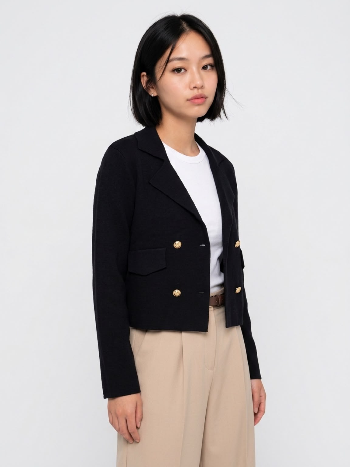 Women's Cropped Double Breasted Knit Blazer - Gold Buttons