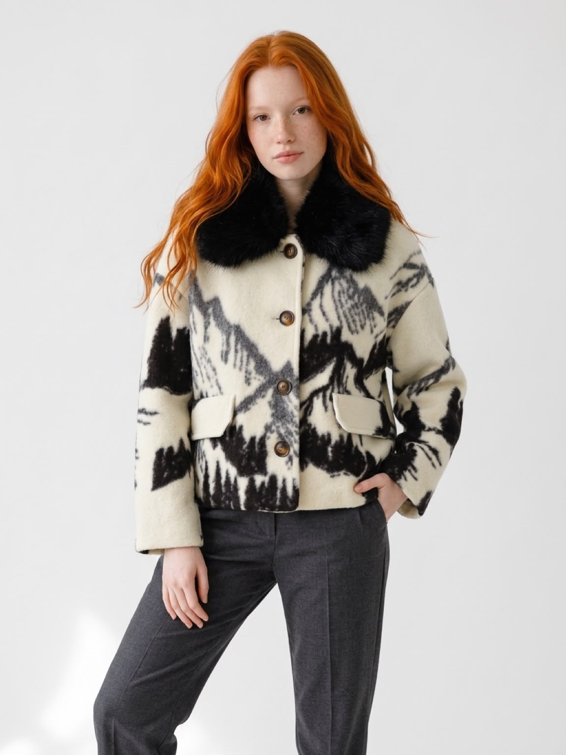 Women's Italian Wool Blend Faux Fur Collar Jacket