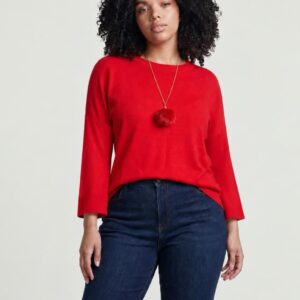 Women's Oversized Knitted Jumper with Fur Pom Pom Necklace