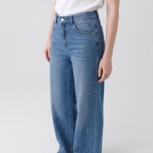 Women's High Waist Rhinestone Wide Leg Jeans