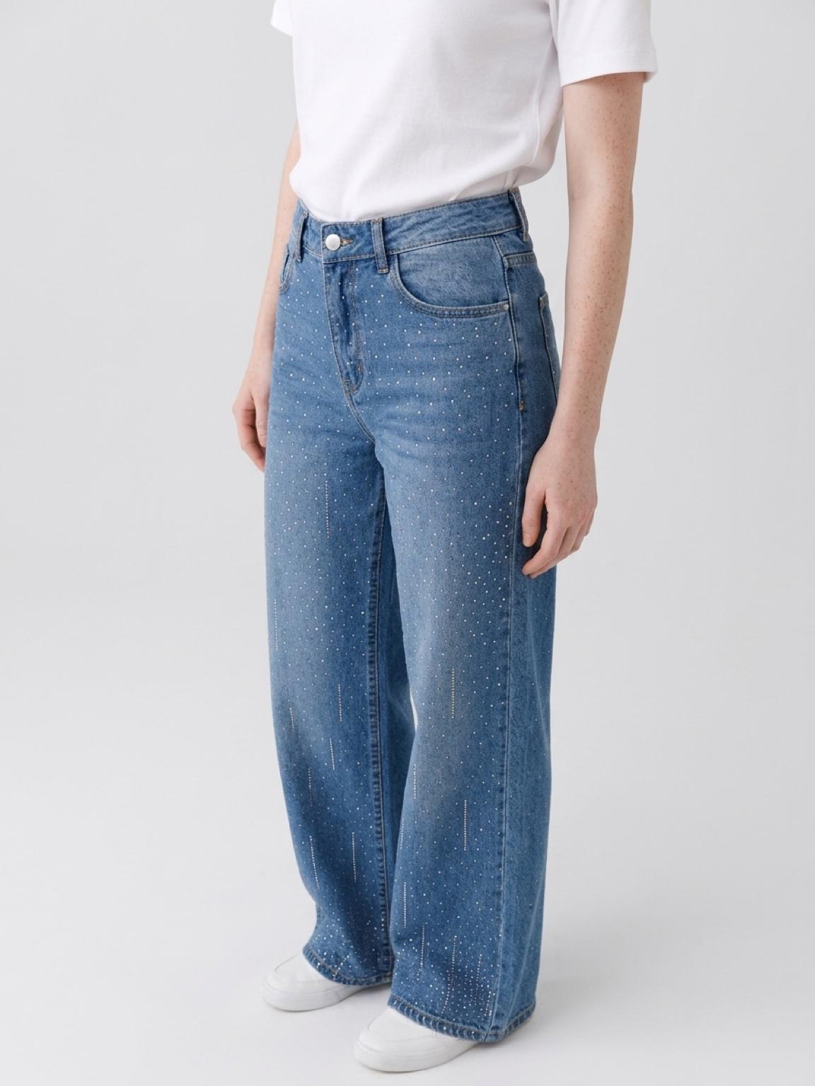 Women's High Waist Rhinestone Wide Leg Jeans