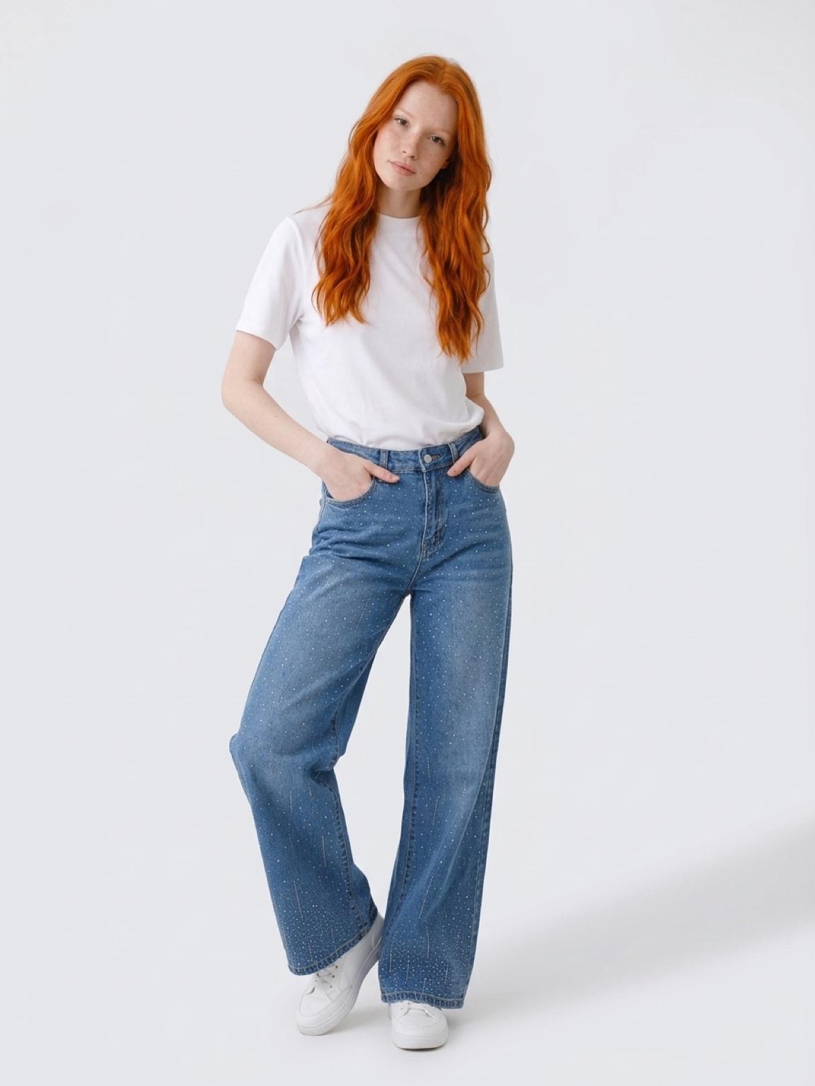 Women's High Waist Rhinestone Wide Leg Jeans - Image 2