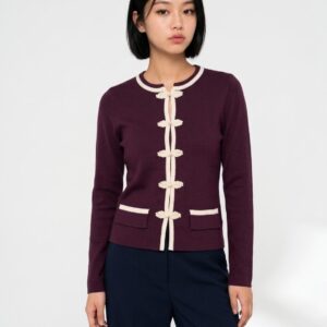 Women's Plum Contrast Knit Jacket - Frog Closure Cardigan