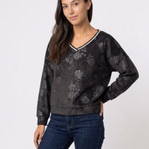 Ladies Floral Jacquard V-Neck Top - Slouchy Italian Jumper
