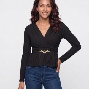 Women's Wrap V Neck Ribbed Peplum Top with Gold Chain