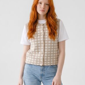 Women's Gingham Check Knitted Button Front Tank Top Vest
