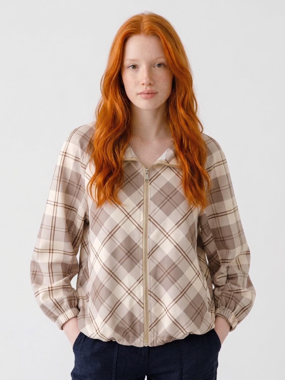 Women's Checked Zip Front Bomber Jacket - Tartan Lightweight