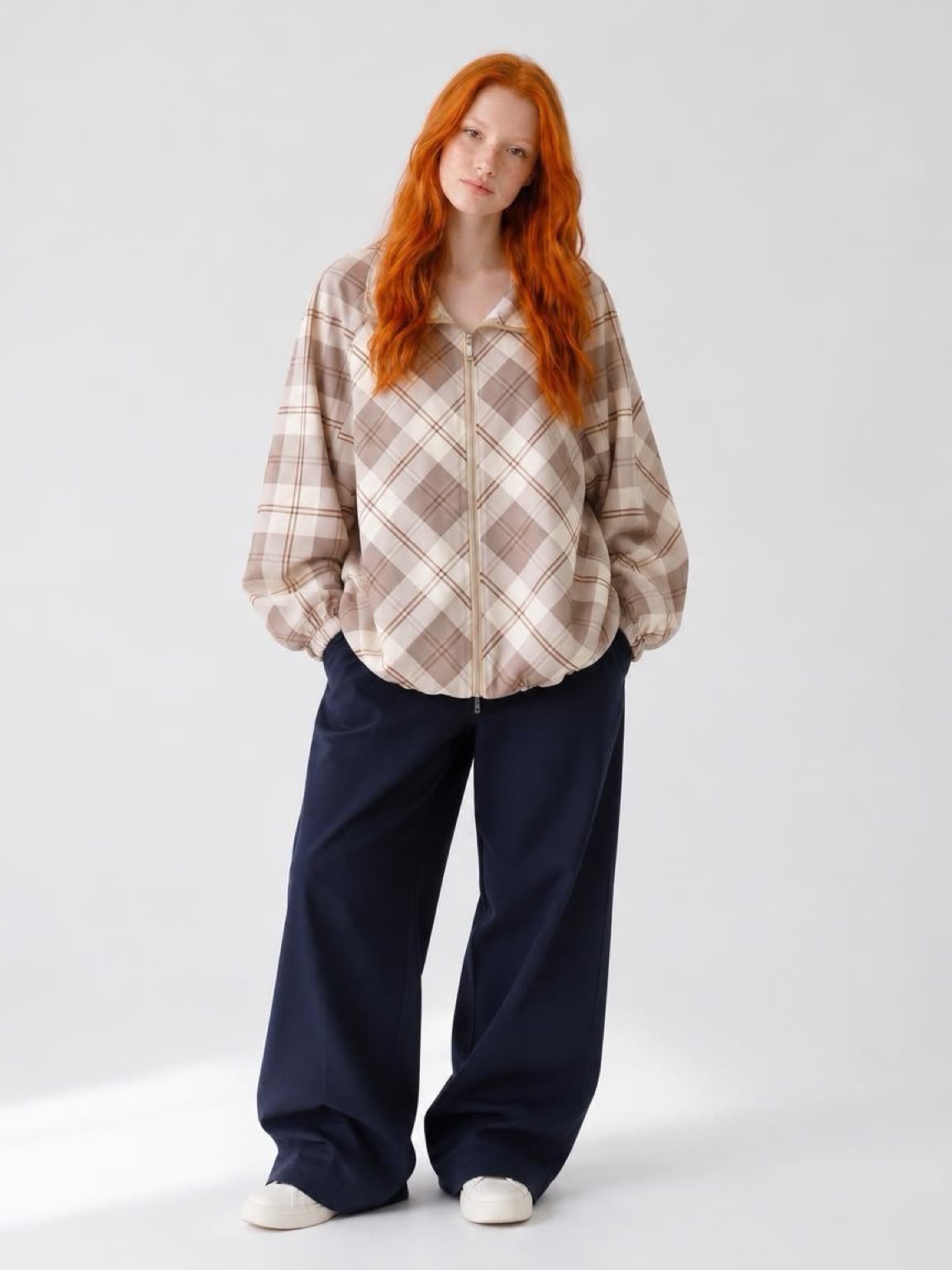 Women's Checked Zip Front Bomber Jacket - Tartan Lightweight - Image 2