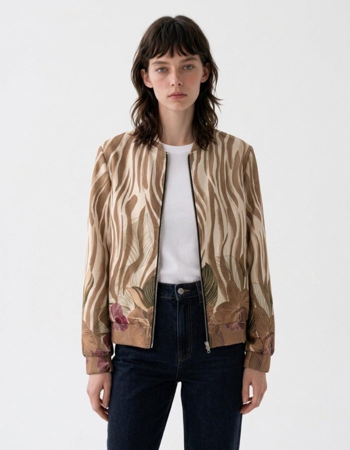 Women’s Zebra & Floral Zip Bomber Jacket – Casual Layer
