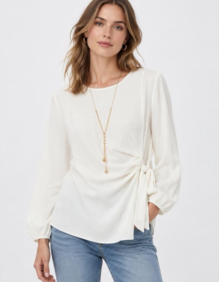 Women’s Italian Side Tie Chiffon Blouse with Necklace