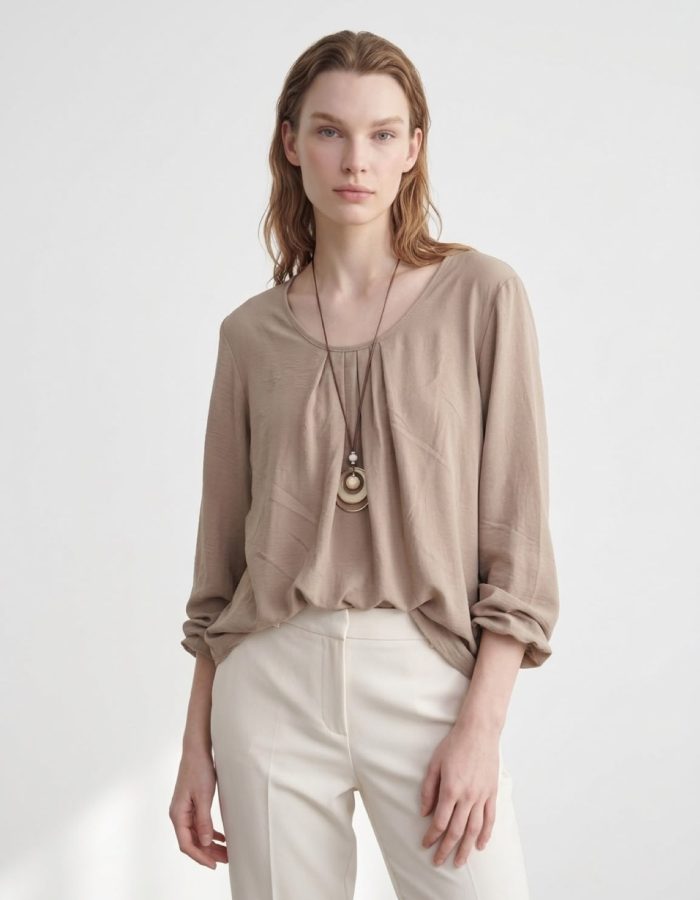 Ladies Pleated Long Sleeve Blouse – Scoop Neck Tunic Top