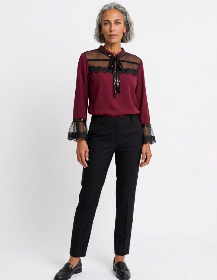 Women’s Sequin Tie Neck Mesh Lace Evening Blouse