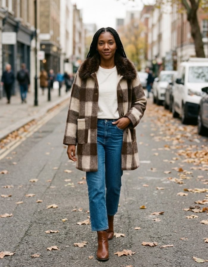 Women’s Italian Checked Wool Blend Faux Fur Collar Coat