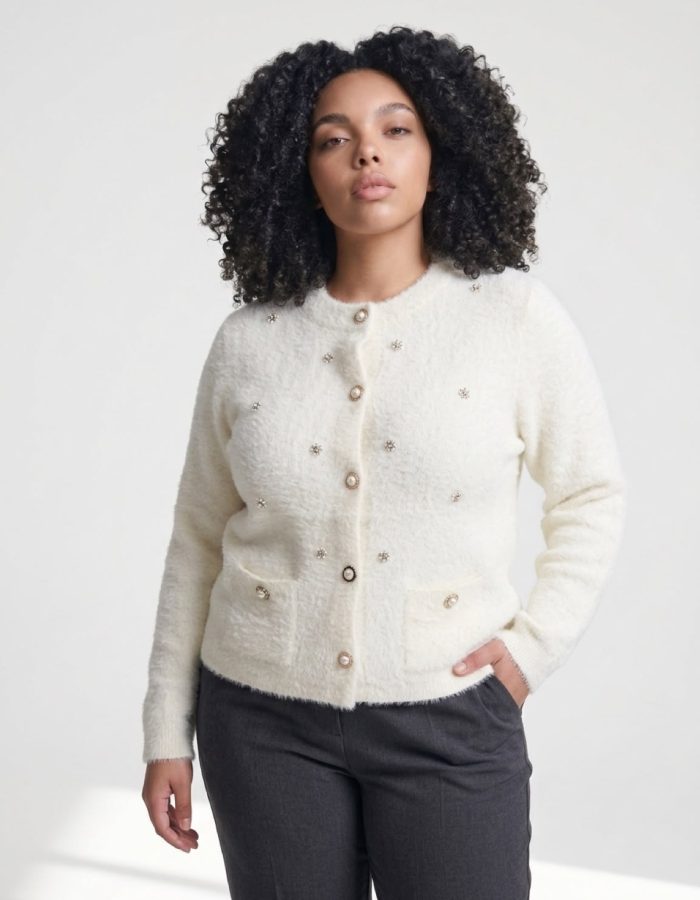 Women’s Fluffy Gem Embellished Button Cardigan