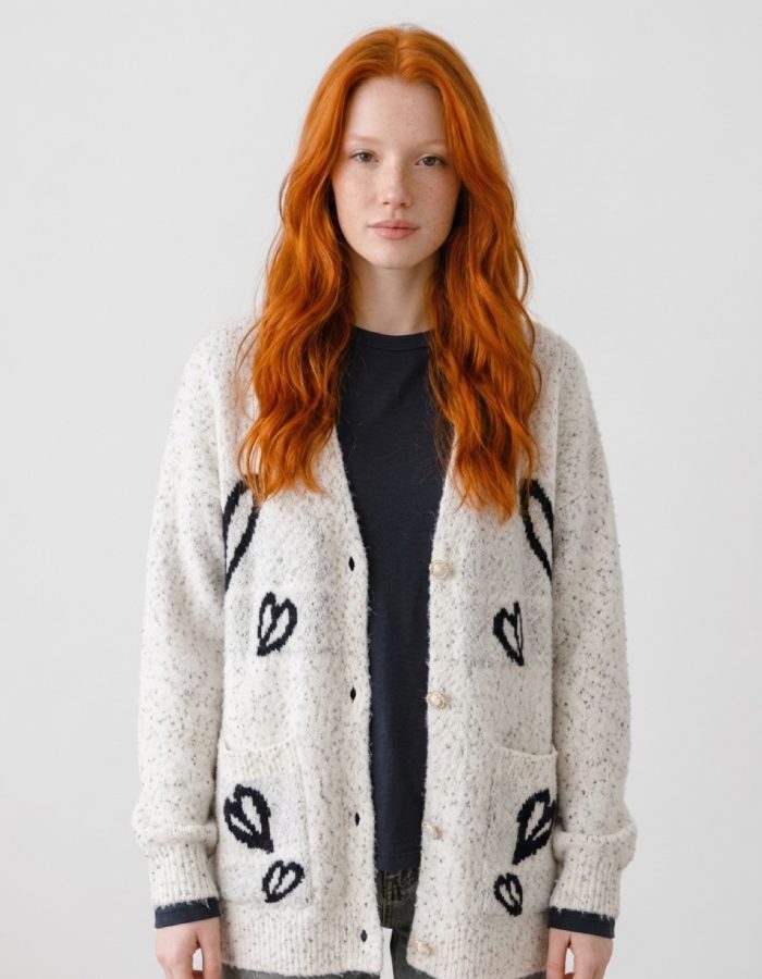 Women’s Heart Print Button Front Fluffy Cardigan