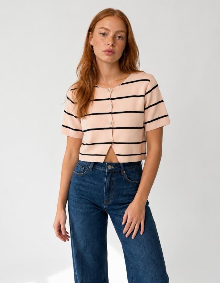 Women’s Italian Striped Short Sleeve Gem Cardigan