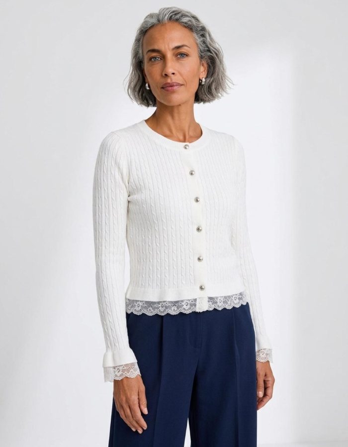 Ladies Lace Trim Cable Knit Cardigan Top with Flared Cuffs