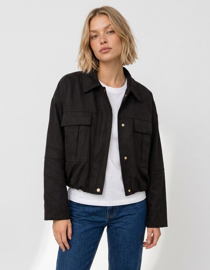 Women’s Black Faux Suede Utility Jacket – Cropped Cargo Coat