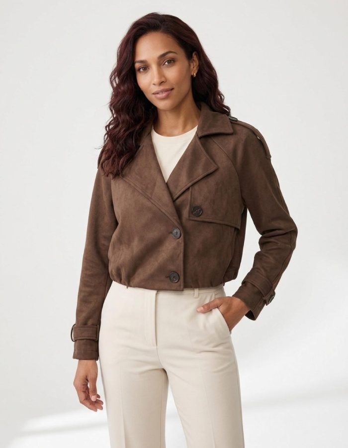 Women’s Cropped Faux Suede Trench Jacket – Short Coat