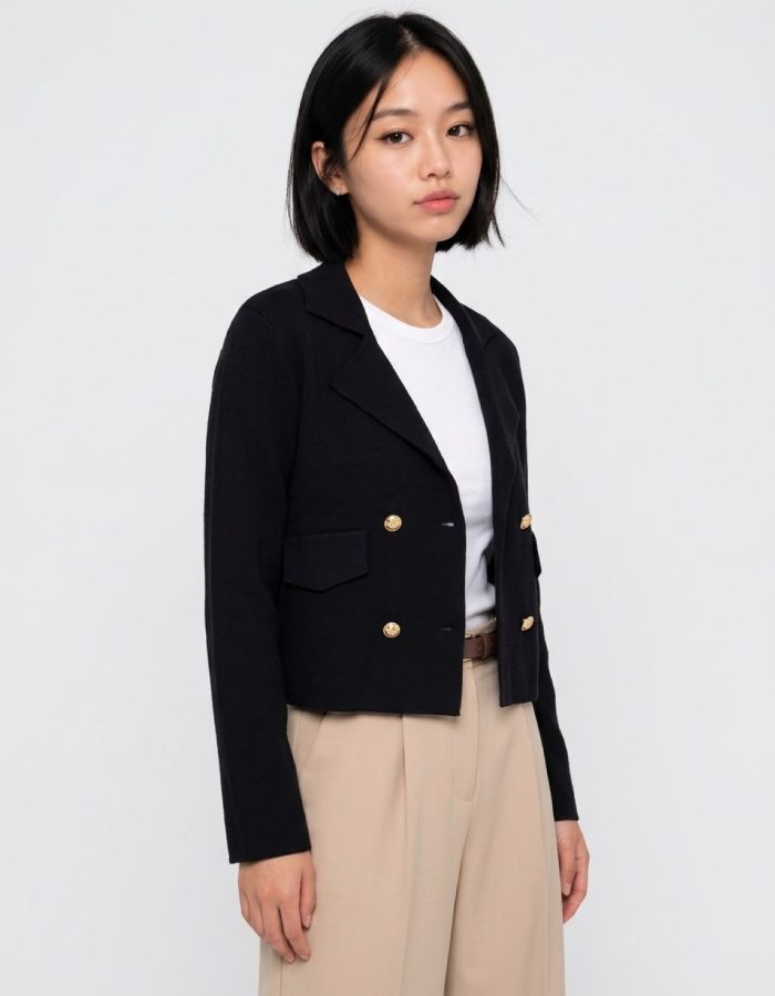 Women’s Cropped Double Breasted Knit Blazer – Gold Buttons