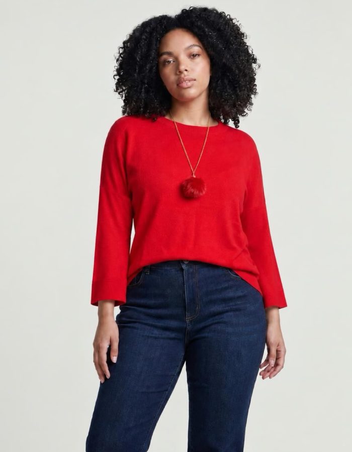 Women’s Oversized Knitted Jumper with Fur Pom Pom Necklace
