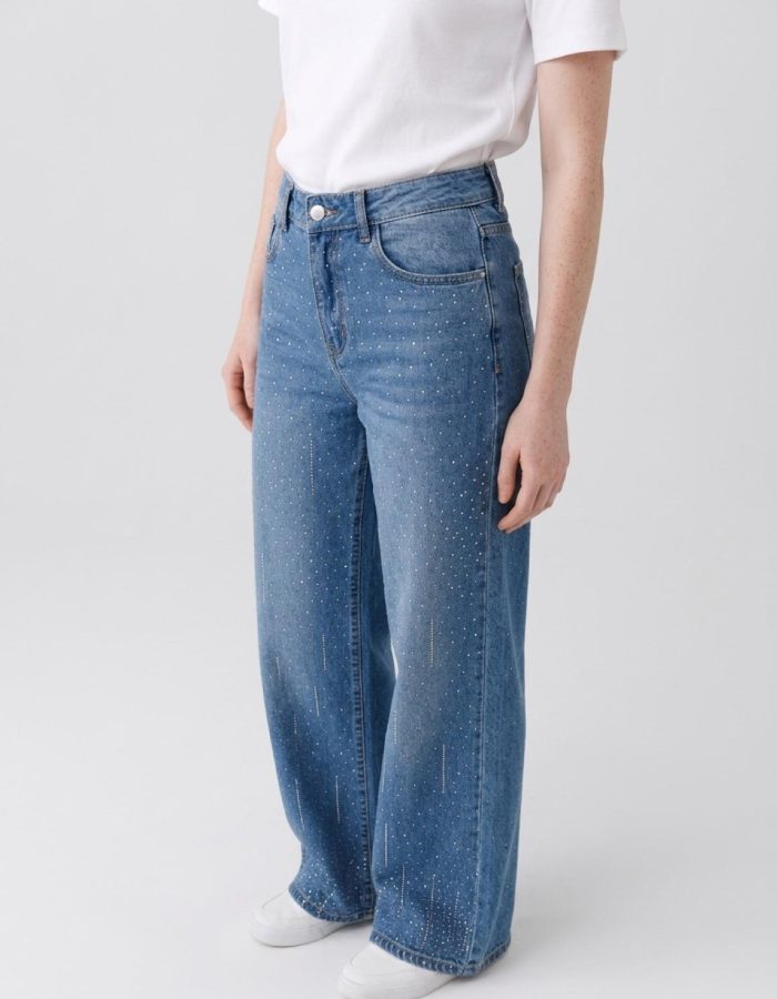 Women’s High Waist Rhinestone Wide Leg Jeans