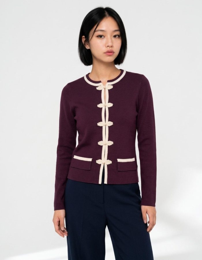 Women’s Plum Contrast Knit Jacket – Frog Closure Cardigan