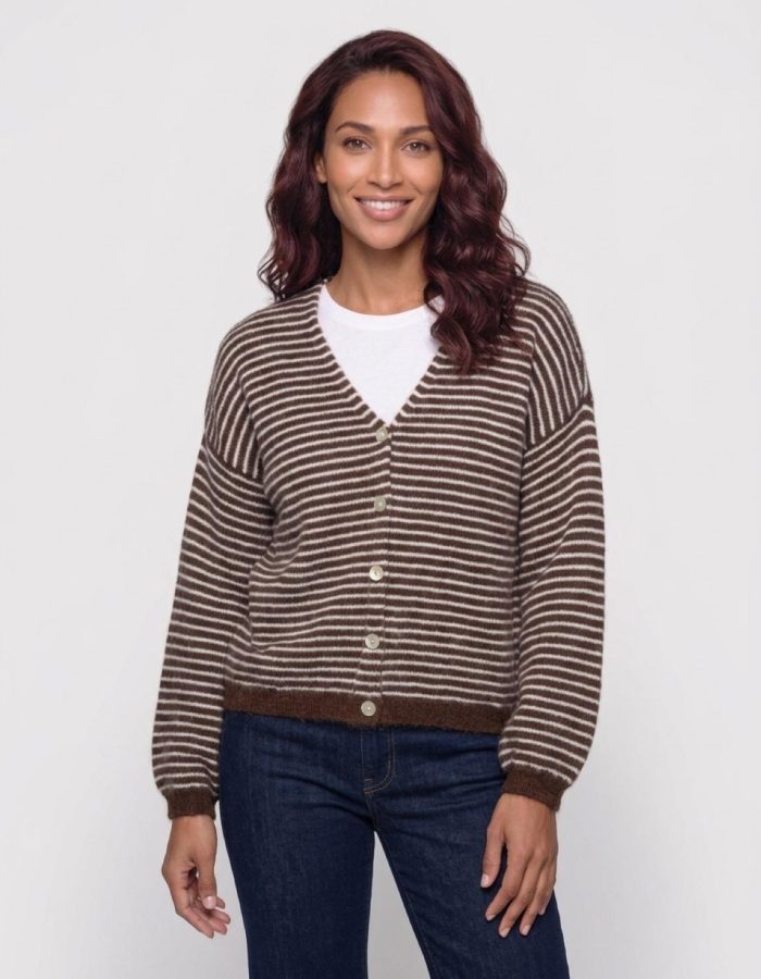 Women’s Striped V-Neck Knit Cardigan – Button Front Jumper