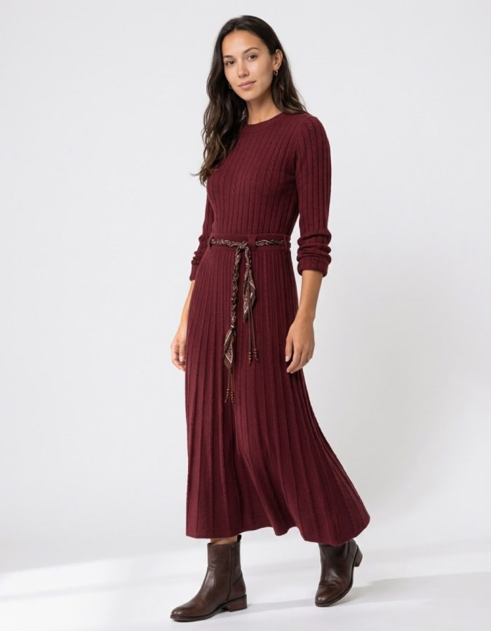 Women’s High Waisted Cable Knit Skirt with Scarf Belt