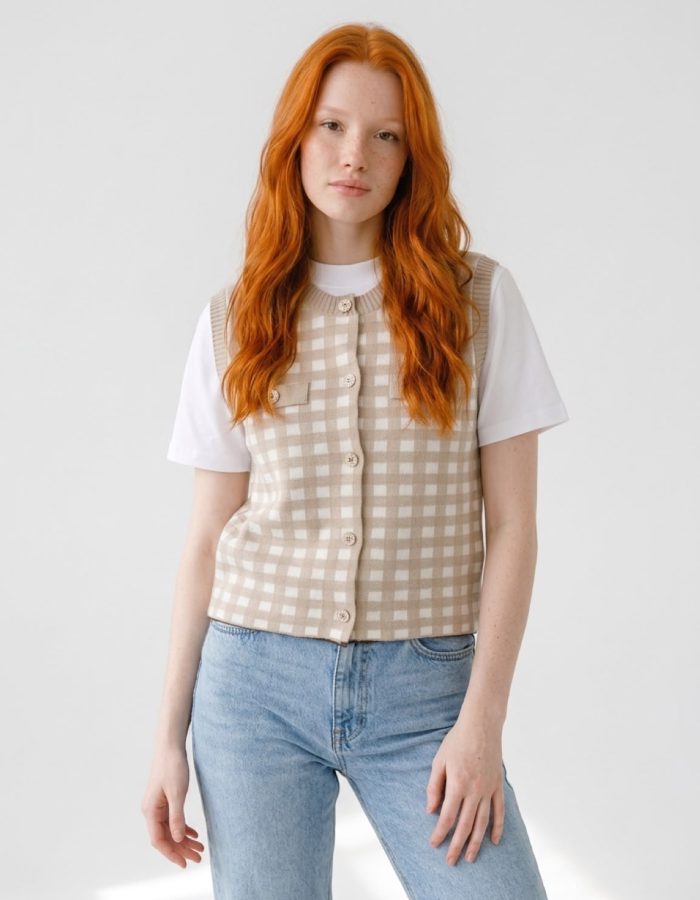 Women’s Gingham Check Knitted Button Front Tank Top Vest