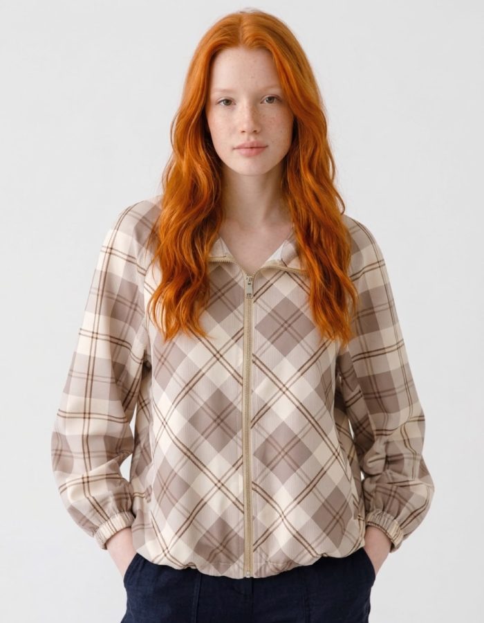 Women’s Checked Zip Front Bomber Jacket – Tartan Lightweight