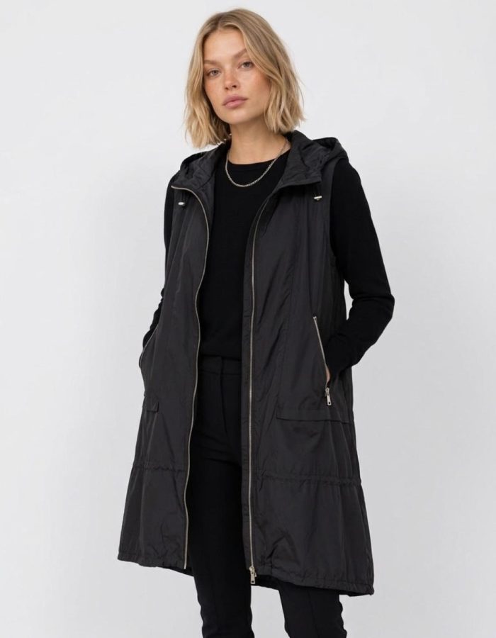 Women’s Longline Black Hooded Gilet – Lightweight Bodywarmer